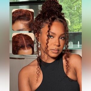 22” Reddish Brown Curly Human Hair Drawstring Wig Bye Bye Knots 7X5 150% Density